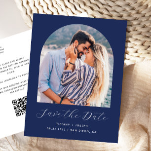 Photo Arch QR Code Navy Blue Save the Date Postcard