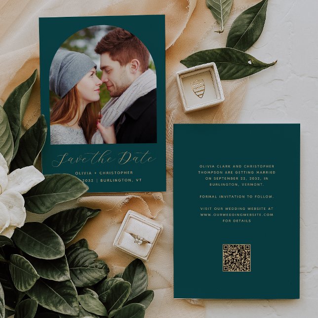 Photo Arch QR Code Teal Blue Gold Script Save The Date (Creator Uploaded)