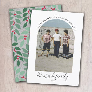 Photo Arch - Script Family Name - botanical back Holiday Card