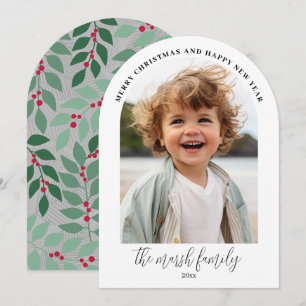 Photo Arch - Script Family Name - botanical back Holiday Card