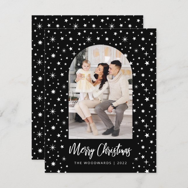 Photo Arch Stars Merry Christmas Black and White Holiday Card (Front/Back)