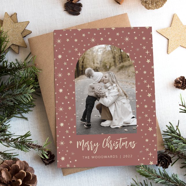 Photo Arch Stars Merry Christmas Terracotta Gold Holiday Card (Creator Uploaded)