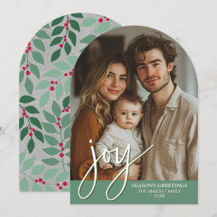 Photo Arch with Huge Joy Script - botanical back Holiday Card