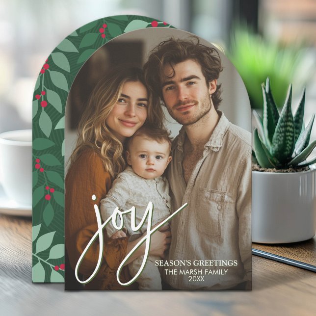 Photo Arch with Huge Joy Script - botanical back Holiday Card (Modern, Minimal Arch Christmas Greeting Card)