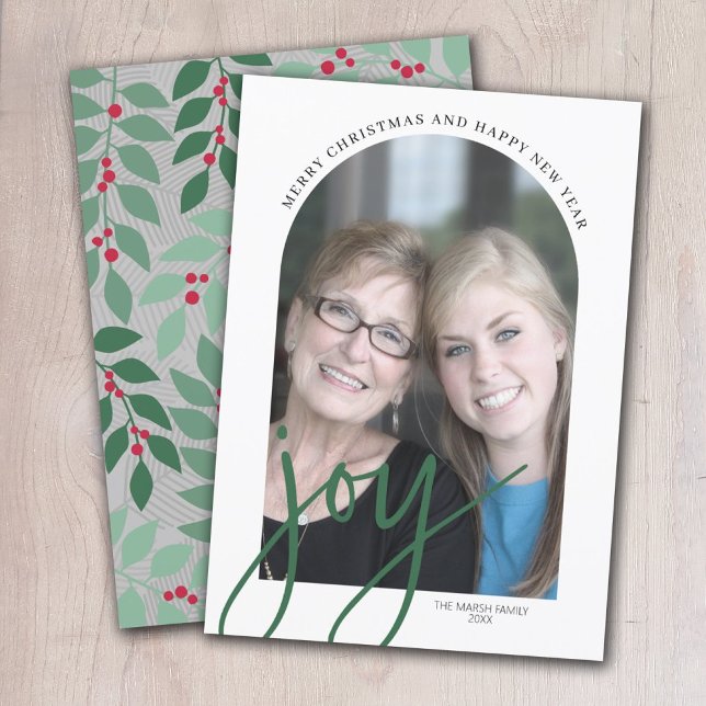 Photo Arch with Huge Joy Script - botanical back Holiday Card (Creator Uploaded)