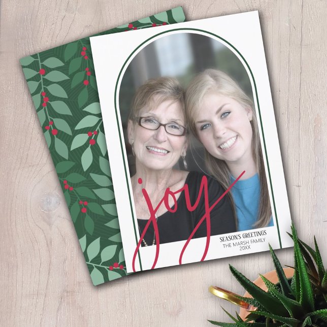Photo Arch with Huge Joy Script - botanical back Holiday Card (Creator Uploaded)