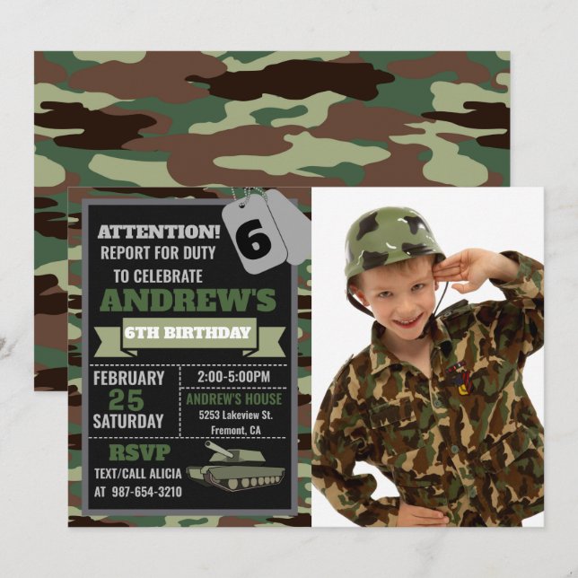 Photo Army invitation, Camo military birthday  Invitation (Front/Back)