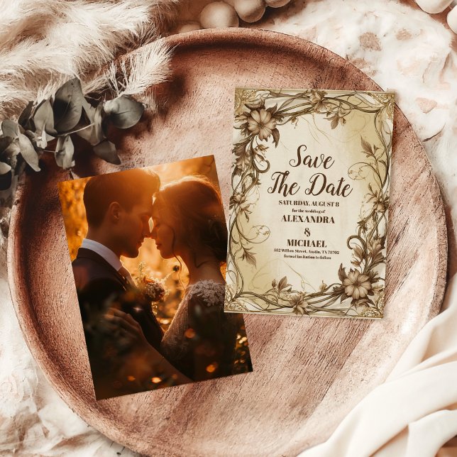 Photo Art Nouveau Gold Botanical Wedding Save The Date (Creator Uploaded)