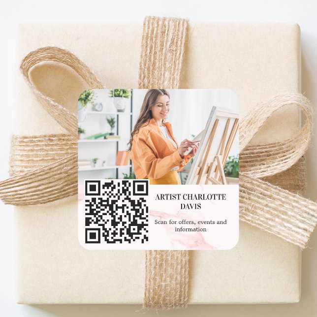 Photo artist designer pink marble QR code Square Sticker (Creator Uploaded)