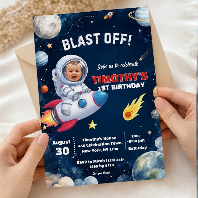 Photo Astronaut Outer Space Rocket Birthday Invitation (Creator Uploaded)
