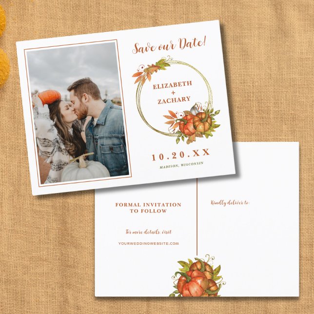 Photo Autumn Pumpkins Fall Save the Date Announcement Postcard (Creator Uploaded)
