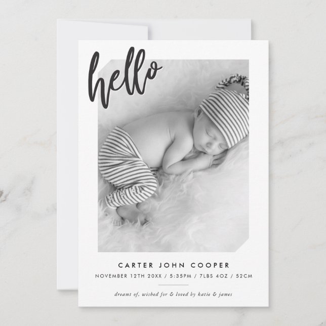PHOTO BABY ANNOUNCEMENT cute modern hello script (Front)