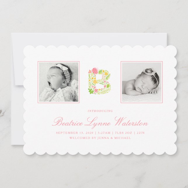 PHOTO BABY ANNOUNCEMENT | Floral Alphabet B (Front)