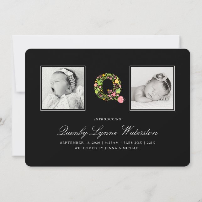 PHOTO BABY ANNOUNCEMENT | Floral Alphabet Q (Front)