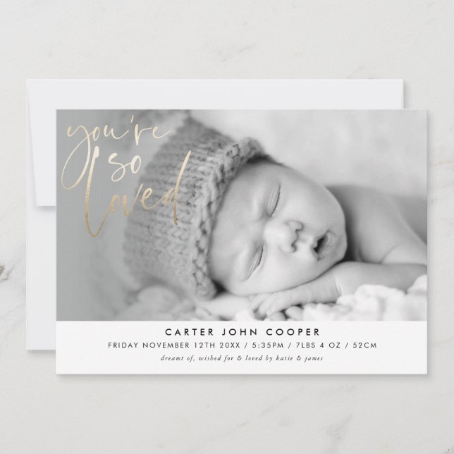 PHOTO BABY ANNOUNCEMENT you're so loved gold (Front)