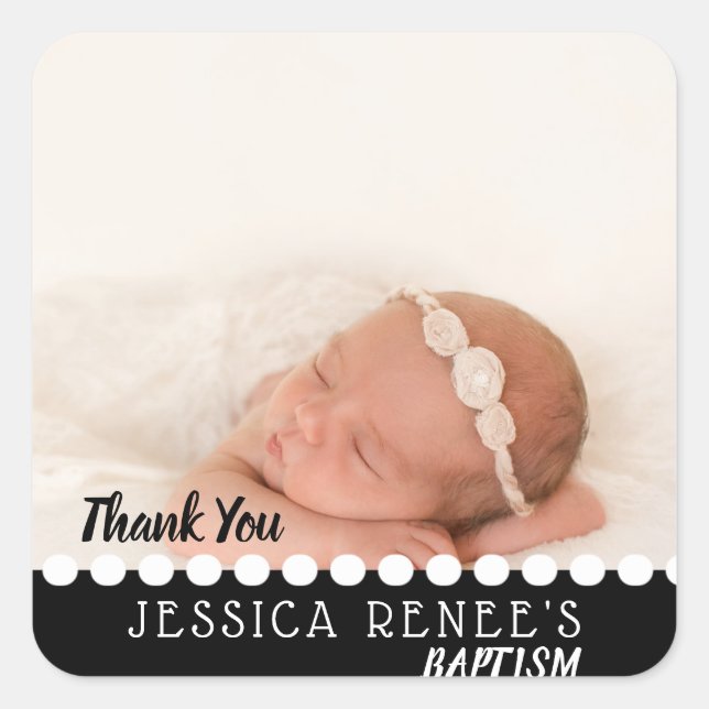 Photo Baby Baptism Thank You Favour | Black White Square Sticker (Front)