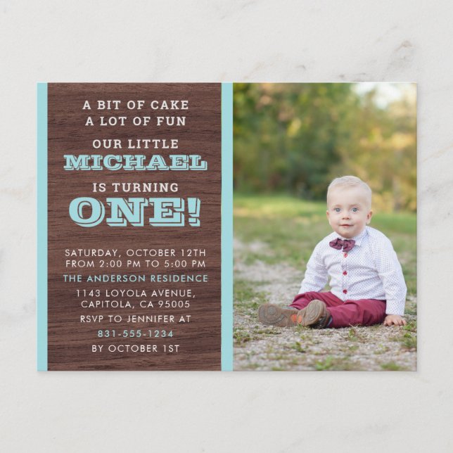 Photo Baby Boy First Birthday Wooden Background Invitation Postcard (Front)