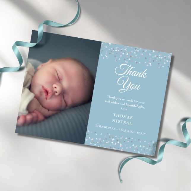 Photo Baby Boy Script Love Hearts Thank You Birth Announcement Postcard (Creator Uploaded)