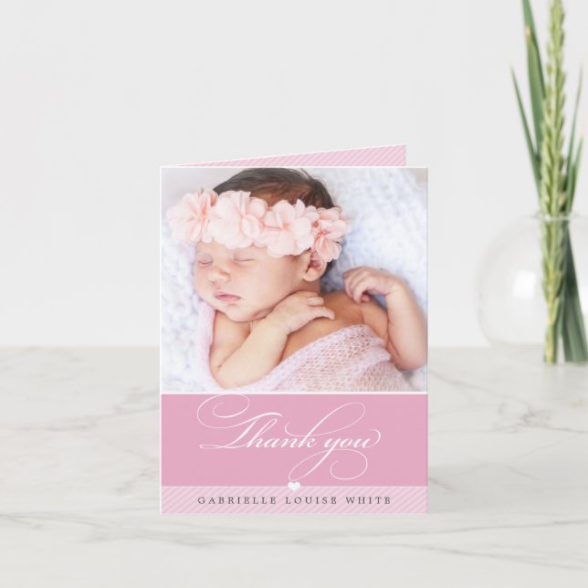 PHOTO BABY elegant fancy calligraphy pretty pink Thank You Card (Front)