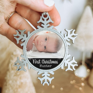 Photo Baby First Christmas Snowflake Black Snowflake Pewter Christmas Ornament