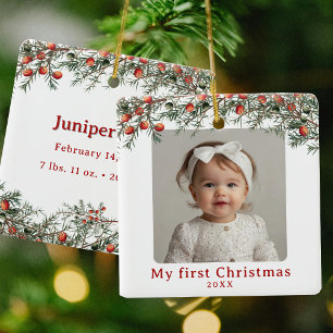 Photo Baby First Christmas Vintage Botanical Ceramic Ornament