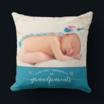Photo Baby First Hanukkah Grandparents Star David Cushion<br><div class="desc">“Our First Hanukkah as grandparents.” A playful visual of champagne gold Stars of David and snowflakes overlaying the photo of your choice and white handwritten script typography with customised year over soft, teal blue, helps you usher in Hanukkah. On the back, additional champagne gold snowflakes and personalised handwritten typography of...</div>