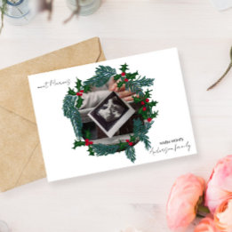 Photo baby framed in Christmas wreath Holiday Card
