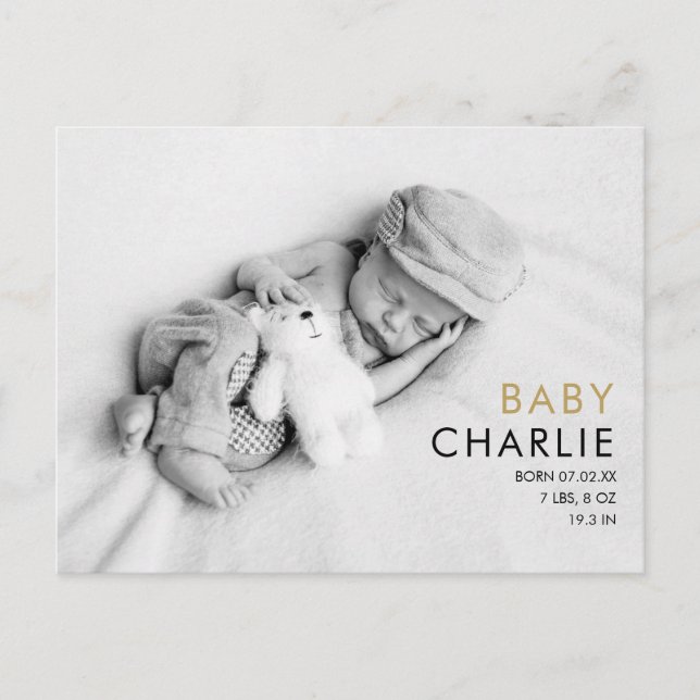 Photo Baby Modern Elegant Gold Love Hearts Birth Announcement Postcard (Front)