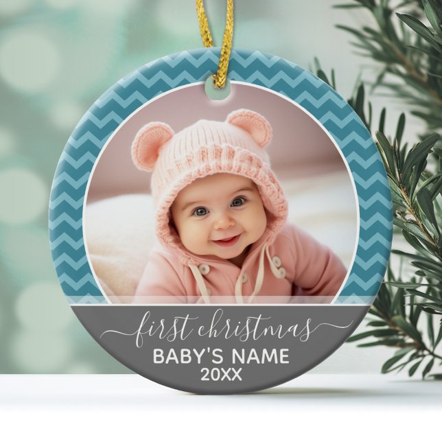 Photo Babys First Christmas - blue chevrons gray Ceramic Ornament (Personalized Photo Ornament - Baby's First Christmas)