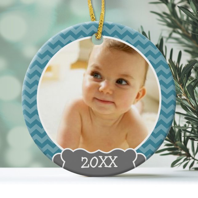 Photo Babys First Christmas - blue chevrons gray Metal Tree Decoration (Personalized Photo Ornament - Baby's First Christmas)