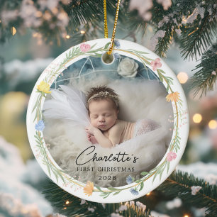 Photo Baby's First Christmas - Cute Floral Wreath Ceramic Ornament