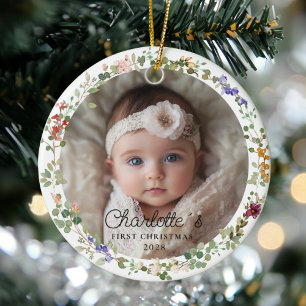 Photo Baby's First Christmas - Cute Floral Wreath Ceramic Ornament