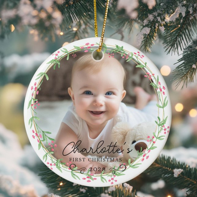Photo Baby's First Christmas - Cute Rustic Wreath Ceramic Ornament (Photo - Baby's First Christmas - Cute Rustic Wreath Ceramic Ornament.)