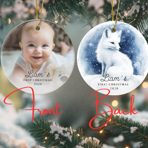 Photo Baby's First Christmas - Cute Snowfox Ceramic Ornament