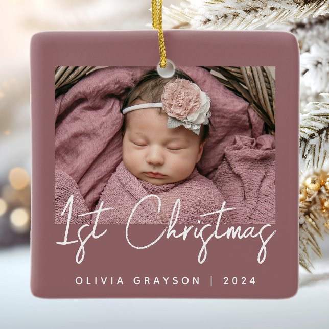 Photo Baby's First Christmas Dusty Rose Ceramic Ceramic Ornament (Creator Uploaded)