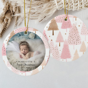Photo Baby's First Christmas - Pink Christmas Tree Ceramic Ornament