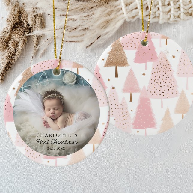 Photo Baby's First Christmas - Pink Christmas Tree Ceramic Ornament (Photo Baby's First Christmas - Pink Christmas Tree Ceramic Ornament)