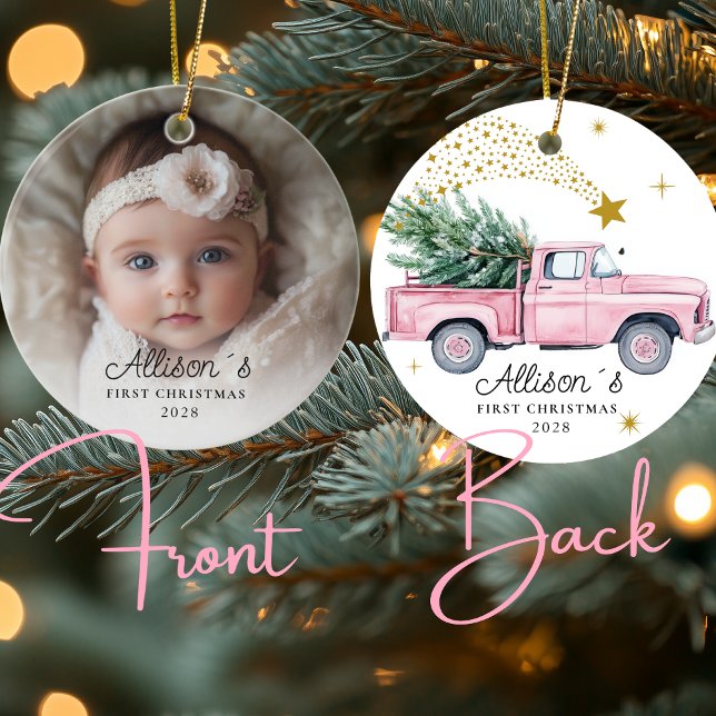 Photo Baby's First Christmas - Pink Truck Ceramic Ornament (Photo Baby's First Christmas - Pink Truck with Christmas tree & Stars Ceramic Ornament)