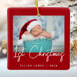 Photo Baby's First Christmas Red White Script Ceramic Ornament<br><div class="desc">Celebrate baby's first Christmas with this modern minimalist photo keepsake ornament. The white text reads "1st Christmas" in trendy handwriting script on a red background. Easily replace the sample image with your favourite photo,  and add baby's name and the year below.</div>