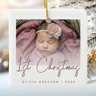 Photo Baby's First Christmas Rose Script Ceramic Ornament