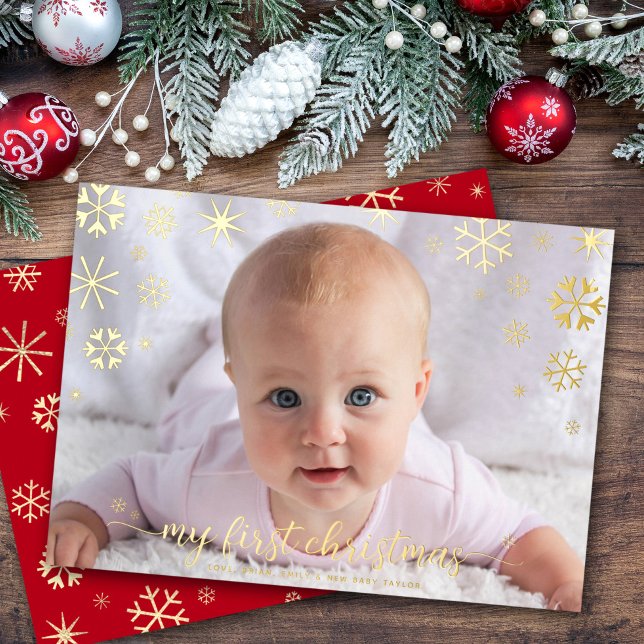 Photo Baby's First Christmas Snowflakes Real Gold Foil Holiday Card (Creator Uploaded)
