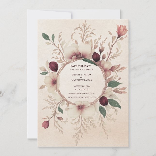 Photo Back Burgundy and Cream Floral Save The Date (Front)