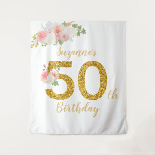 Photo Backdrop 50th Birthday Party Gold Flower Tapestry