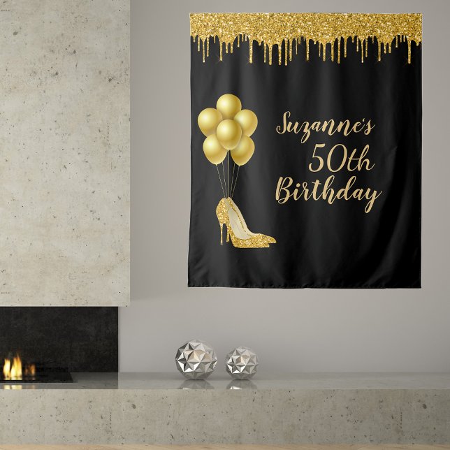 Photo Backdrop 50th Birthday Party Gold Glitter Tapestry (Creator Uploaded)