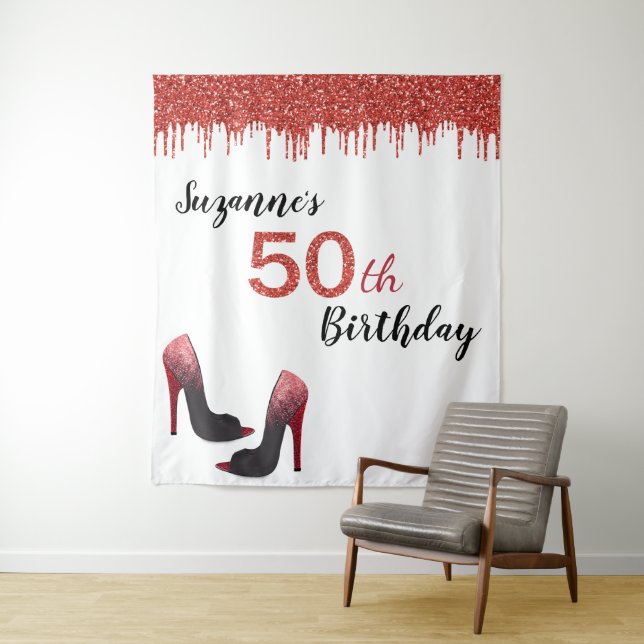 Photo Backdrop 50th Birthday Party Red Glitter Tapestry (In Situ)