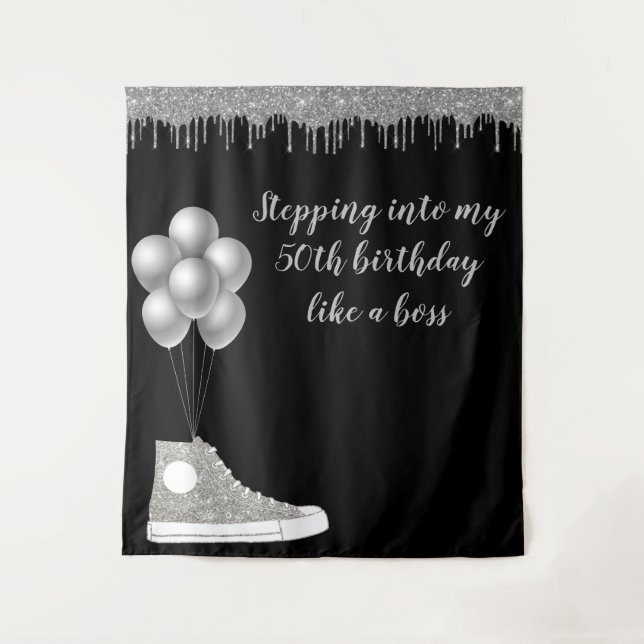 Photo Backdrop 50th Birthday Party Silver Glitter Tapestry (Front)