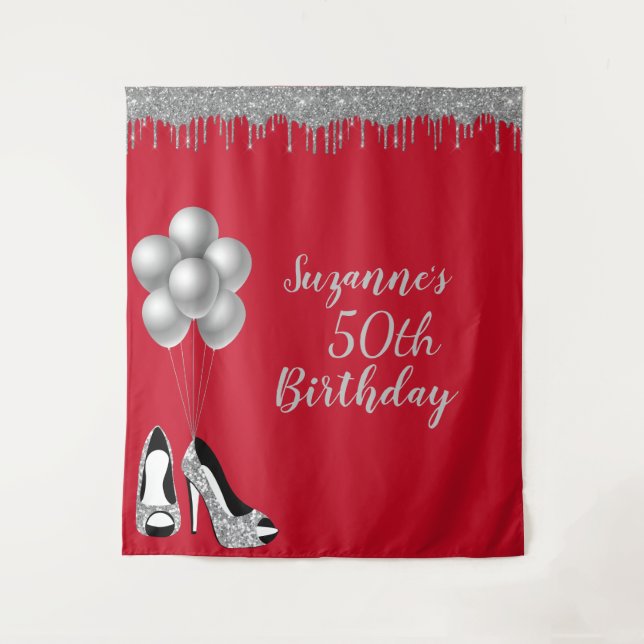 Photo Backdrop 50th Birthday Party Silver Glitter Tapestry (Front)