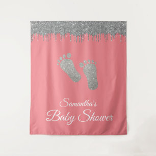 Photo Backdrop Baby Shower Feet Silver Glitter Tapestry