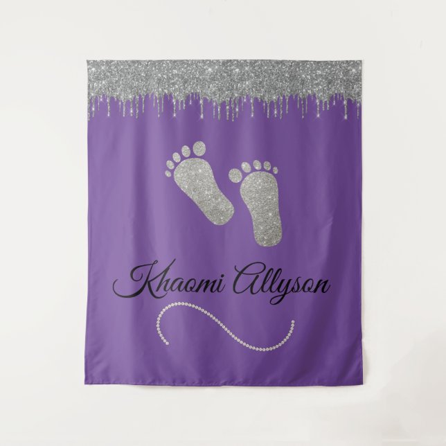 Photo Backdrop Baby Shower Feet Silver Glitter Tapestry (Front)