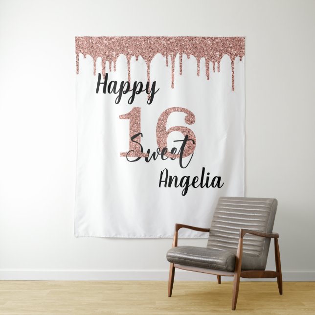 Photo Backdrop Booth Sweet 16 Sixteen Rose Gold Tapestry (In Situ)